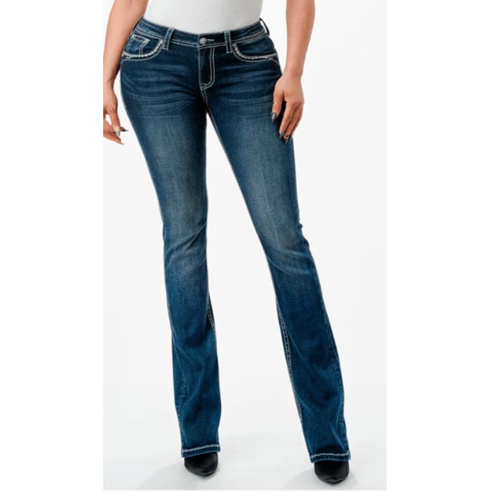 Grace In LA Women's Jeans Blue Light Wash Embellished Mid Rise Boot Cut Size 26